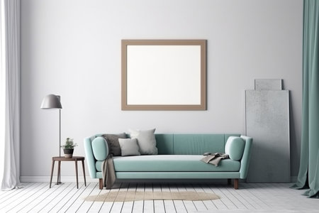 Interior design nomadic boho style with an empty frame mockup. Created with generative AIの素材