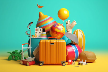 Travelling in summer - colorful conceptual 3d rendering illustration. Created with generative AIの素材