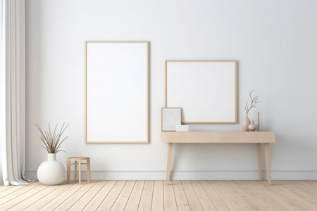 Interior design nomadic boho style with an empty frame mockup. Created with generative AIの素材