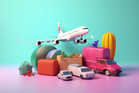 Travelling in summer - colorful conceptual 3d rendering illustration. Created with generative AIの素材