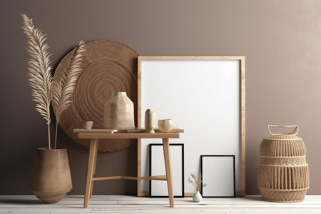 Interior design nomadic boho style with an empty frame mockup. Created with generative AIの素材