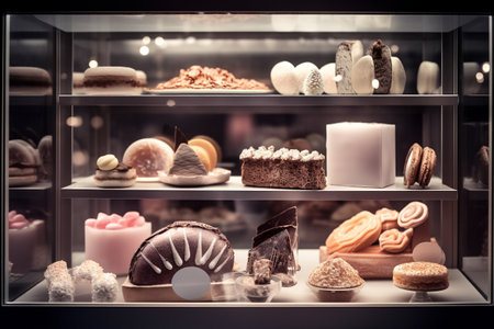 Luxury sweets shop window display. Illustration created with generative AIの素材