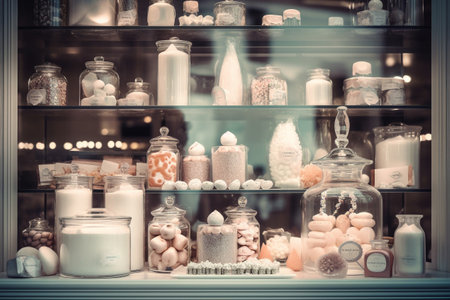 Luxury sweets shop window display. Illustration created with generative AIの素材