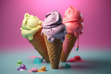 Icecream cones melting in the summer. Studio setup. Illustration created with generative AIの素材