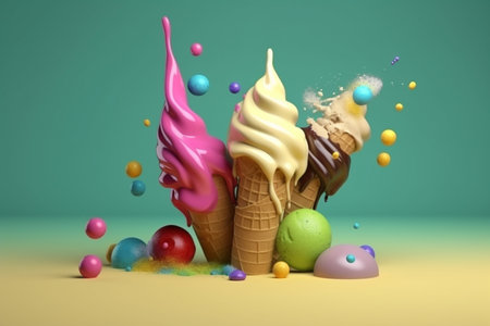 Icecream cones melting in the summer. Studio setup. Illustration created with generative AIの素材