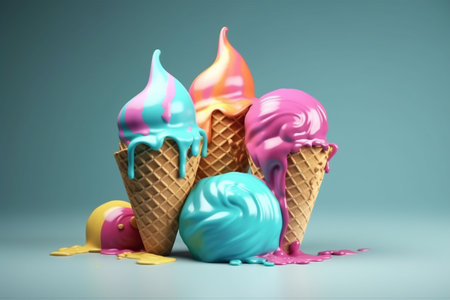 Icecream cones melting in the summer. Studio setup. Illustration created with generative AIの素材