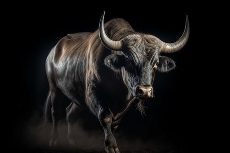 A massive bull walking angrily. Isolated on black. Illustration created with generative AIの素材
