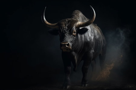 A massive bull walking angrily. Isolated on black. Illustration created with generative AIの素材