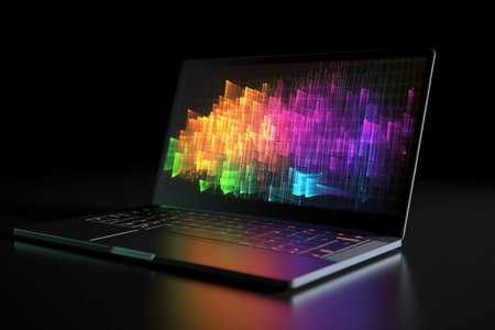 A laptop with analytical data and chart flows. 3D rendering illustration created with generative AIの素材