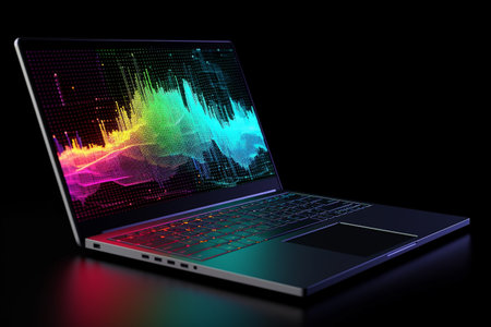 A laptop with analytical data and chart flows. 3D rendering illustration created with generative AIの素材