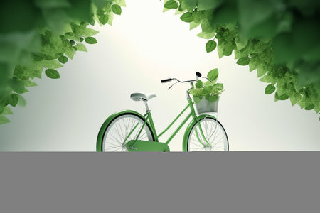 White bicycle and green leafs - sustainable and eco friendly or green transportration concept. Illustration created with generative AIの素材