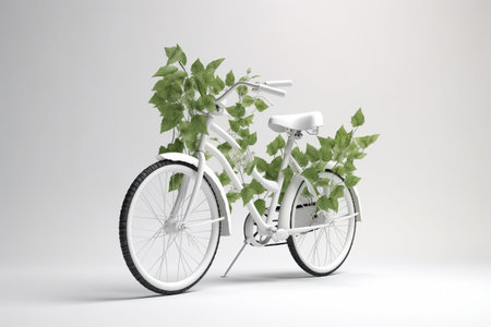 White bicycle and green leafs - sustainable and eco friendly or green transportration concept. Illustration created with generative AIの素材