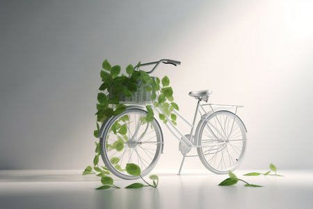 White bicycle and green leafs - sustainable and eco friendly or green transportration concept. Illustration created with generative AIの素材
