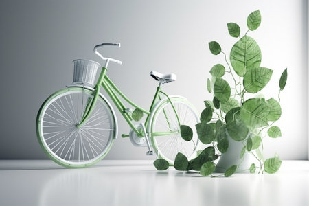 White bicycle and green leafs - sustainable and eco friendly or green transportration concept. Illustration created with generative AIの素材