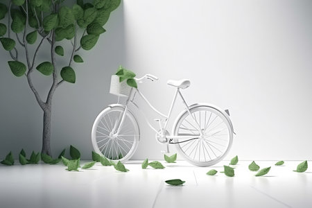 White bicycle and green leafs - sustainable and eco friendly or green transportration concept. Illustration created with generative AIの素材