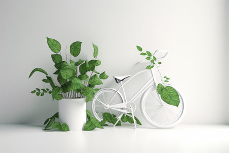 White bicycle and green leafs - sustainable and eco friendly or green transportration concept. Illustration created with generative AIの素材