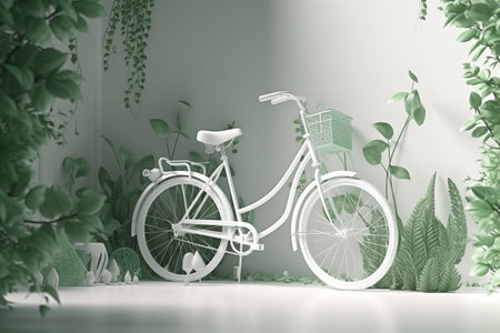 White bicycle and green leafs - sustainable and eco friendly or green transportration concept. Illustration created with generative AIの素材
