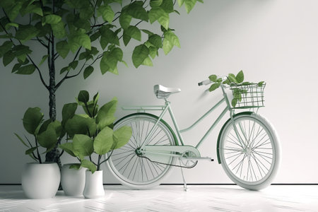 White bicycle and green leafs - sustainable and eco friendly or green transportration concept. Illustration created with generative AIの素材
