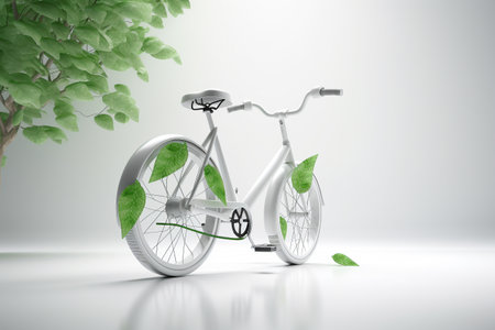 White bicycle and green leafs - sustainable and eco friendly or green transportration concept. Illustration created with generative AIの素材