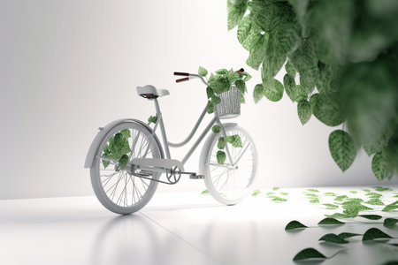 White bicycle and green leafs - sustainable and eco friendly or green transportration concept. Illustration created with generative AIの素材