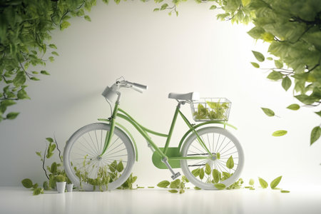 White bicycle and green leafs - sustainable and eco friendly or green transportration concept. Illustration created with generative AIの素材