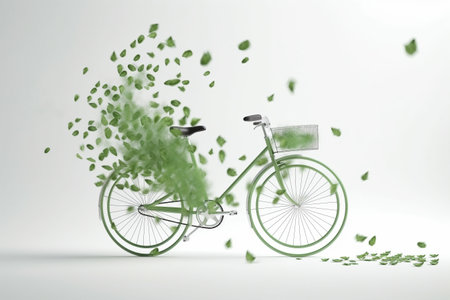White bicycle and green leafs - sustainable and eco friendly or green transportration concept. Illustration created with generative AIの素材