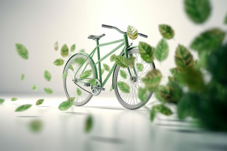 White bicycle and green leafs - sustainable and eco friendly or green transportration concept. Illustration created with generative AIの素材