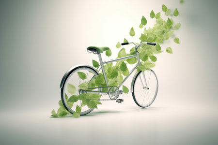White bicycle and green leafs - sustainable and eco friendly or green transportration concept. Illustration created with generative AIの素材
