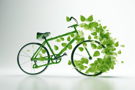 White bicycle and green leafs - sustainable and eco friendly or green transportration concept. Illustration created with generative AIの素材
