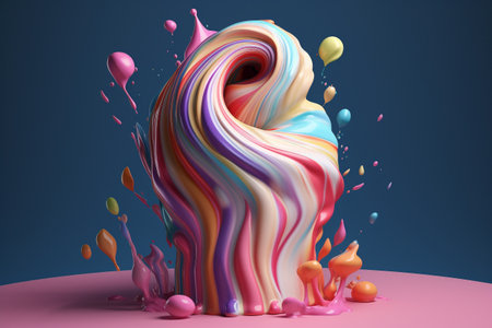 Colorful liquid splash twirl isolated on black background. Illustration created with generative AIの素材
