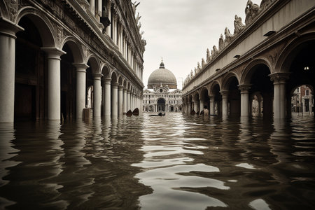 Venice, Italy, flooded - conceptual photography, global warming concept. Illustration created with generative AIの素材