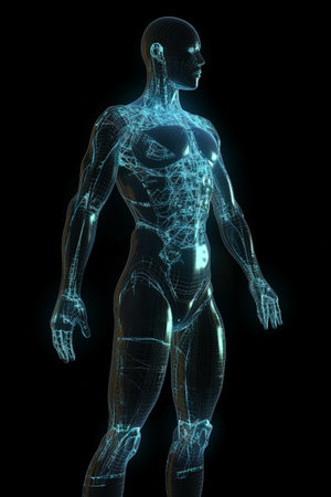 Human mannequin, male body basemesh, with glowing overlay structure. Illustration created with generative AIの素材