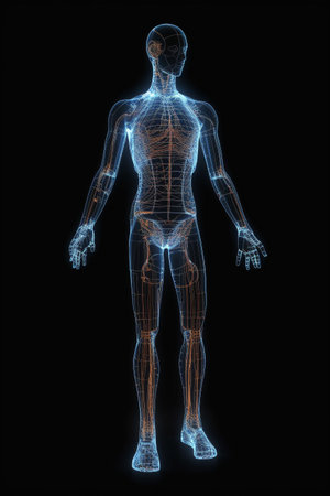 Human mannequin, male body basemesh, with glowing overlay structure. Illustration created with generative AIの素材