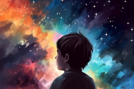 Colorful hand drawn illustration of a little boy daydreaming and imagining. Illustration created with generative AIの素材