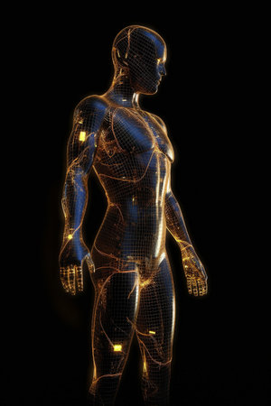 Human mannequin, male body basemesh, with glowing overlay structure. Illustration created with generative AIの素材