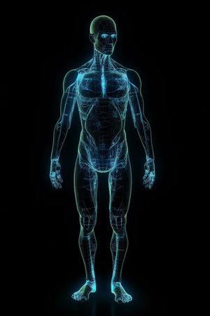 Human mannequin, male body basemesh, with glowing overlay structure. Illustration created with generative AIの素材