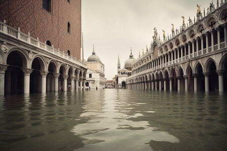 Venice, Italy, flooded - conceptual photography, global warming concept. Illustration created with generative AIの素材