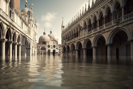 Venice, Italy, flooded - conceptual photography, global warming concept. Illustration created with generative AIの素材