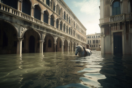 Venice, Italy, flooded - conceptual photography, global warming concept. Illustration created with generative AIの素材