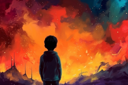 Colorful hand drawn illustration of a little boy daydreaming and imagining. Illustration created with generative AIの素材