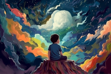 Colorful hand drawn illustration of a little boy daydreaming and imagining. Illustration created with generative AIの素材