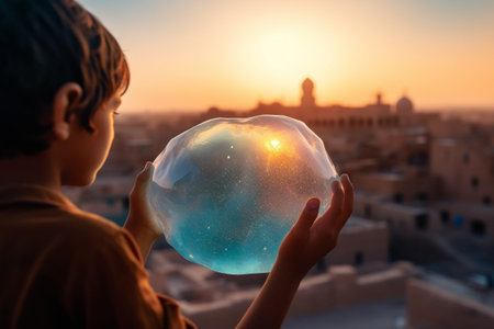 Water scarcity concept - a little boy holding a water blob, looking at a drought deserted city. Illustration created with generative AIの素材