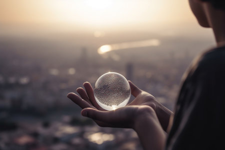 Water scarcity concept - a little boy holding a water blob, looking at a drought deserted city. Illustration created with generative AIの素材