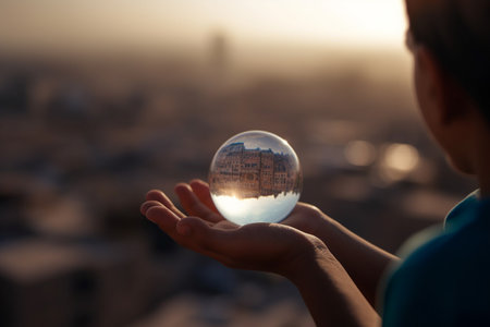 Water scarcity concept - a little boy holding a water blob, looking at a drought deserted city. Illustration created with generative AIの素材