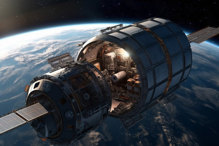 A spaceship orbiting a planet - space exploration concept. Illustration created with generative AIの素材