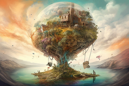 Impossible world. Surreal painting. Conceptual illustration. Illustration created with generative AIの素材
