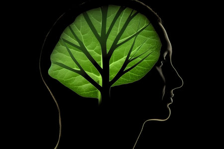Conceptual illustration of a human head with a green leaf in place of the brain. Illustration created with generative AIの素材