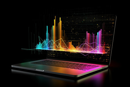 Conceptual illustration of a laptop displaying analytical data with colorful growth charts. Illustration created with generative AIの素材