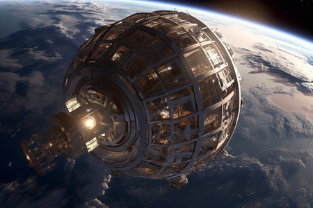 A spaceship orbiting a planet - space exploration concept. Illustration created with generative AIの素材