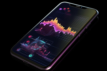 Conceptual illustration of a smartphone displaying analytical data with colorful growth charts. Illustration created with generative AIの素材